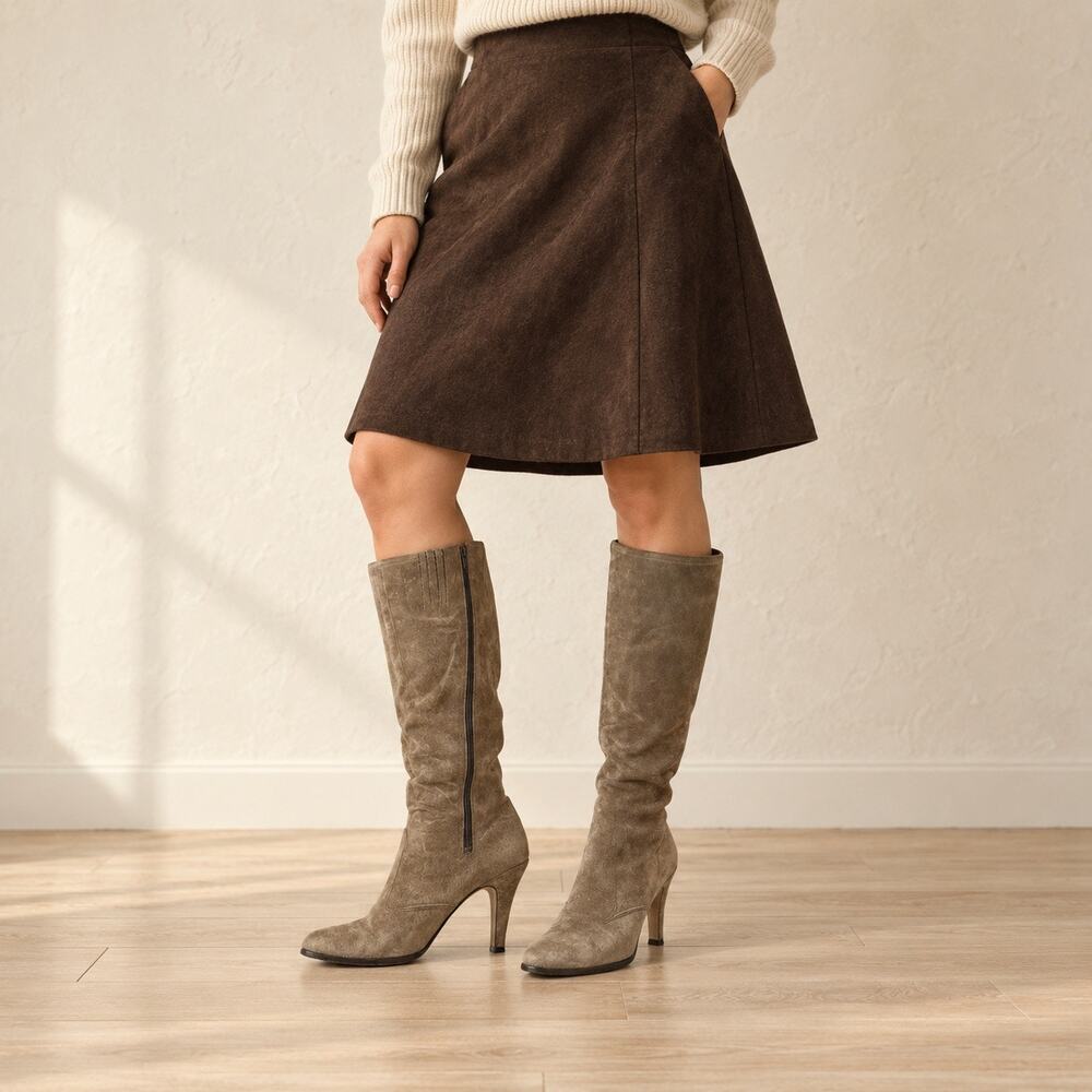 Vintage LifeStride Times Taupe Suede Knee High Boots Size 8M Slim Heel Y2K